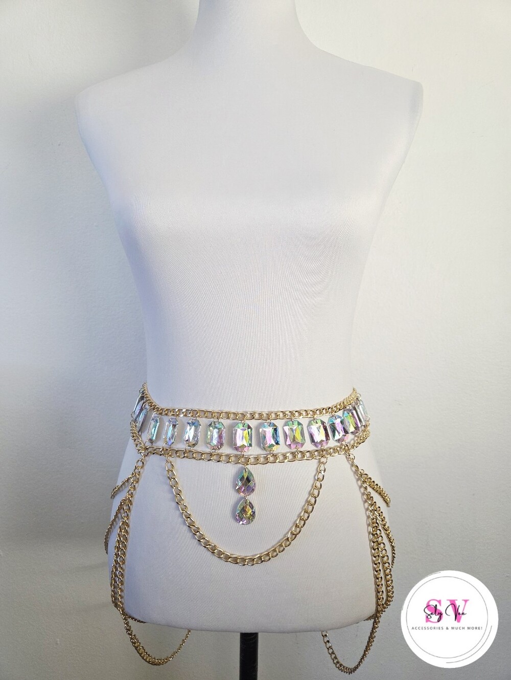 Gold multilayer chain belt with iridescent gemstones